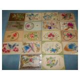 (18) Novelty Postcards w /Felt/Raised Flowers Etc.