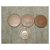 Two Cent Pieces and Shield Nickel (1860's)