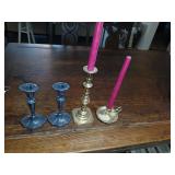 4 candle holders, 2 brass, 2 silver plate 1