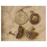 2 charms and earrings, one charm, Sterling.