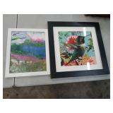 Two pieces of signed art hummingbird cracked on