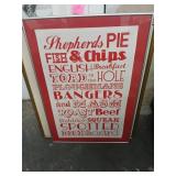 Unusual framed food menu art on cloth 23 x 34.