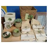 Palm tree bathroom set towels toothbrush holder.