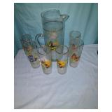 Mid-century juice set W/ butterflies pitcher 11'