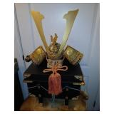 Samurai Warrior helmet w/ box & stand on deerskin