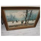 Winter scene painting canvas signed laurent? 31 x