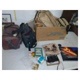 Vintage camera cases and parts box full