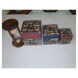 Patriotic, stacking boxes and an hourglass.