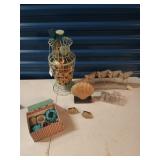 Lot shells, birds, music box napkin rings.