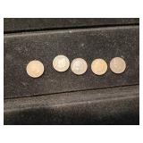 5 Indian Head pennies, 1890 88 95 1903 05