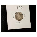 1850 silver seated, liberty dime.