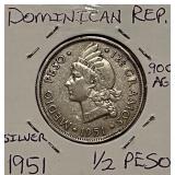 Silver 1951 Dom. Rep. 1/2 Peso