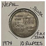 Silver Nepal 1974 10 Rupees