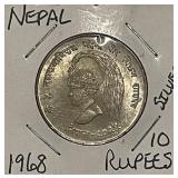 Silver Nepal 1968 10 Rupees
