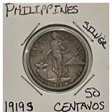 Silver 1919S Philippines 50c