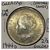 Silver 1944D Curacao 2 1/2 Gulden
