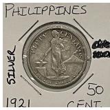 Silver 1921 Philippines 50c