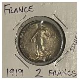 Silver 1919 France 2 Francs