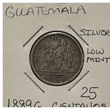 Silver  1889G Guatemala 25 Centavos