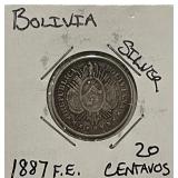 Silver 1887 FE Bolivia 20 Centavos