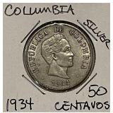 Silver 1934 Columbia 50 Centavos