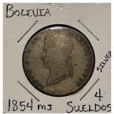 Silver 1854 MJ Bolivia 4 Sueldos