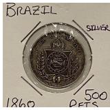 Silver 1860 Brazil 500 Reis