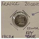 Silver 1868A France 20c Key Date