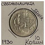 Silver 1930 Czechoslovakia 10 Korun