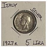 Silver 1927R Italy 5 Lira