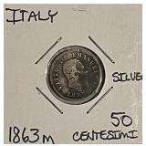 Silver 1863M Italy 50 Centesimi