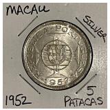 Silver 1952 Macau 5 Patacas