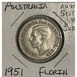 Silver 1951 Australia Florin