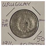 Silver 1916 Uruguay 50 Centesimos