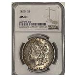 Cert. MS61 1890 Silver Morgan Dollar