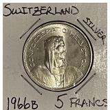 Silver 1966B Switzerland 5 Francs