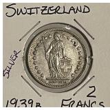 Silver 1939B Switzerland 2 Francs