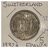 Silver 1932B Switzerland 5 Francs