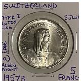 Silver 1957B Switzerland 5 Francs