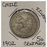 Silver 1902 Chile 50 Centavos