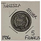 Silver 1936 Tunisia 5 Francs
