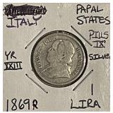 Silver 1869R Papal States Lira