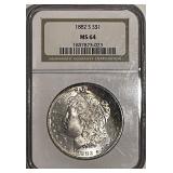 Cert. MS64 1882S Silver Morgan Dollar