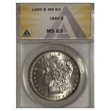 Cert. MS63 1885 Silver Morgan Dollar