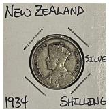 Silver 1934 N.Zealand Shilliing