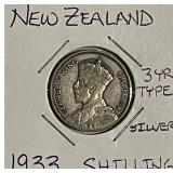 Silver 1933 N.Zealand Shilliing