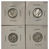 4 Silver Mercury Dimes