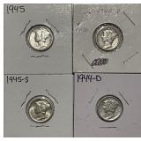 4 Silver Mercury Dimes
