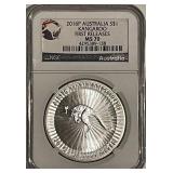 Cert. MS70 Australia Kangaroo Silver Oz.