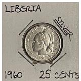 Silver Liberia 1960 25 Cents